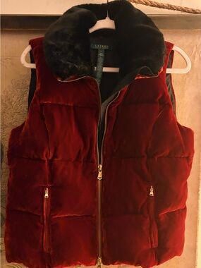 * Lauren Ralph Lauren Red Velvet Down Fill Puffer Vest SZ Large *